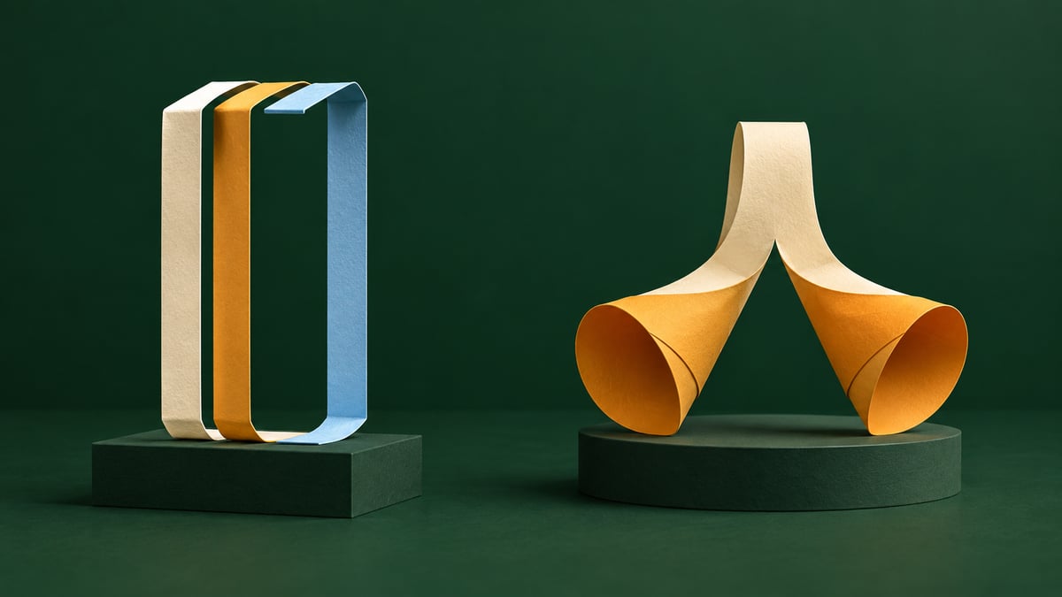 Conceptual separate cream, amber and blue paper lanes beside one folded ribbon fanning into two amber cones on green.