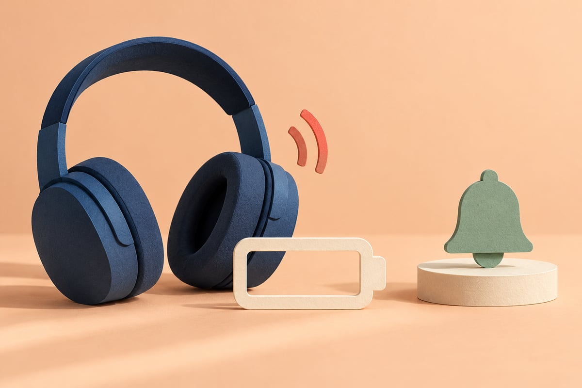 Conceptual navy headphones beside a cream battery outline and coral chime curves, with a separate sage bell on pale apricot.