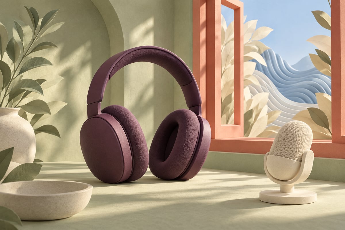 Conceptual plum headphones and ivory microphone beside a coral window with layered leaves and blue paper ridges in a sage room.