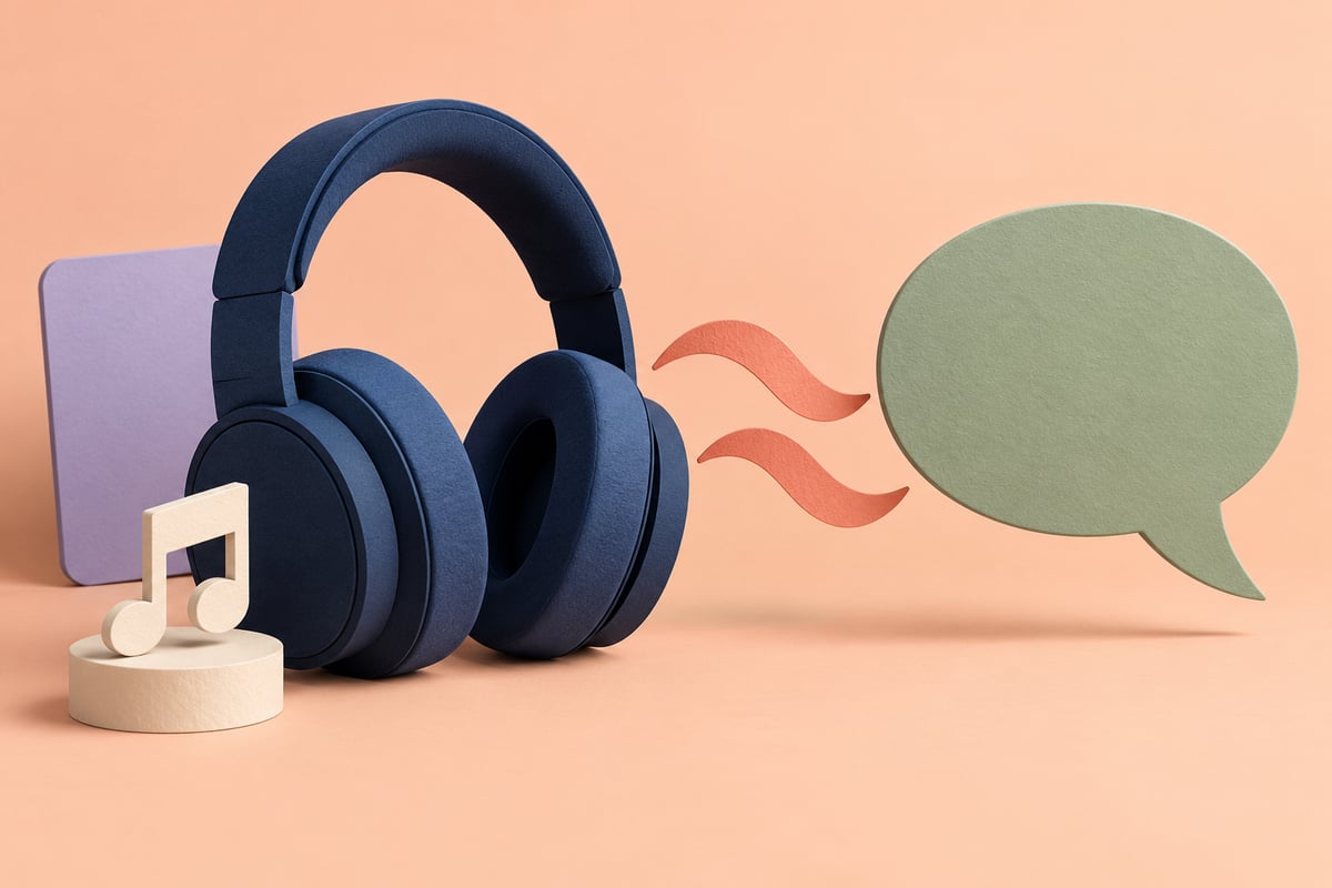Conceptual navy headphones beside an ivory musical note and lilac card, with coral paper ribbons and a separate sage speech bubble on peach.