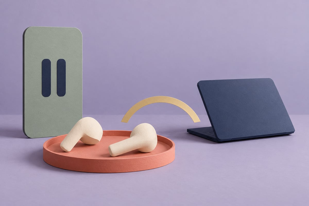 Conceptual cream earbuds on a coral tray beside a sage card with navy pause bars and a separate navy laptop on lilac.