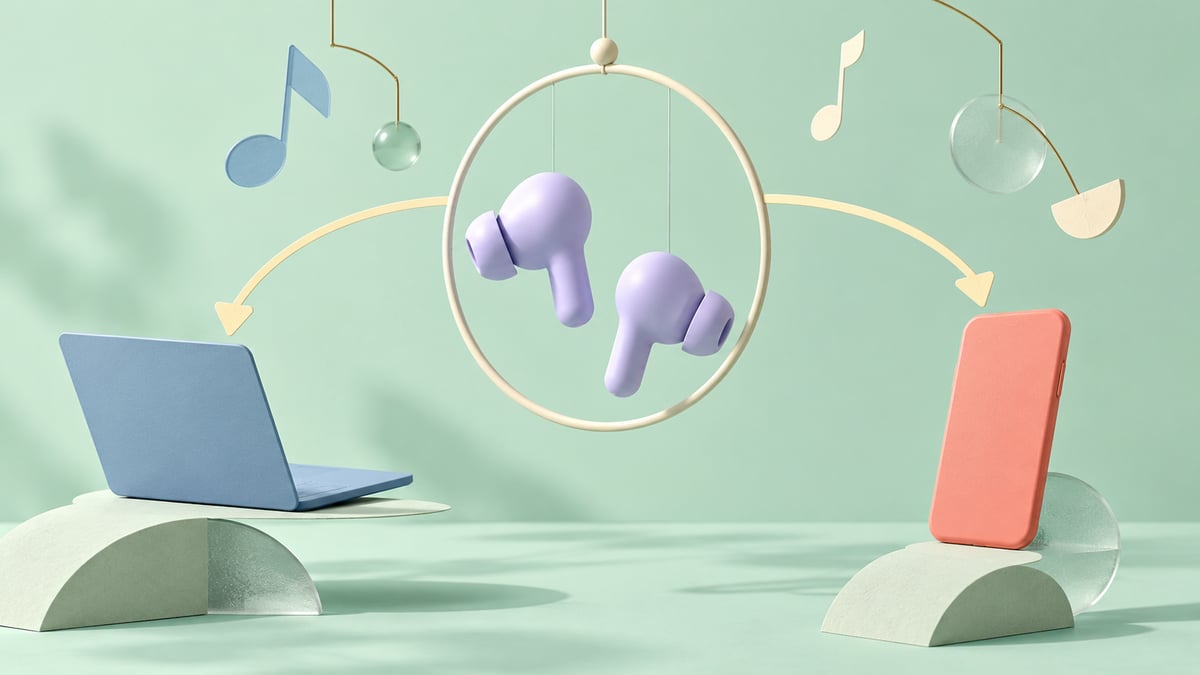 Concept mobile sculpture with generic lavender earbuds between a blank blue computer and coral phone on a pale mint background.