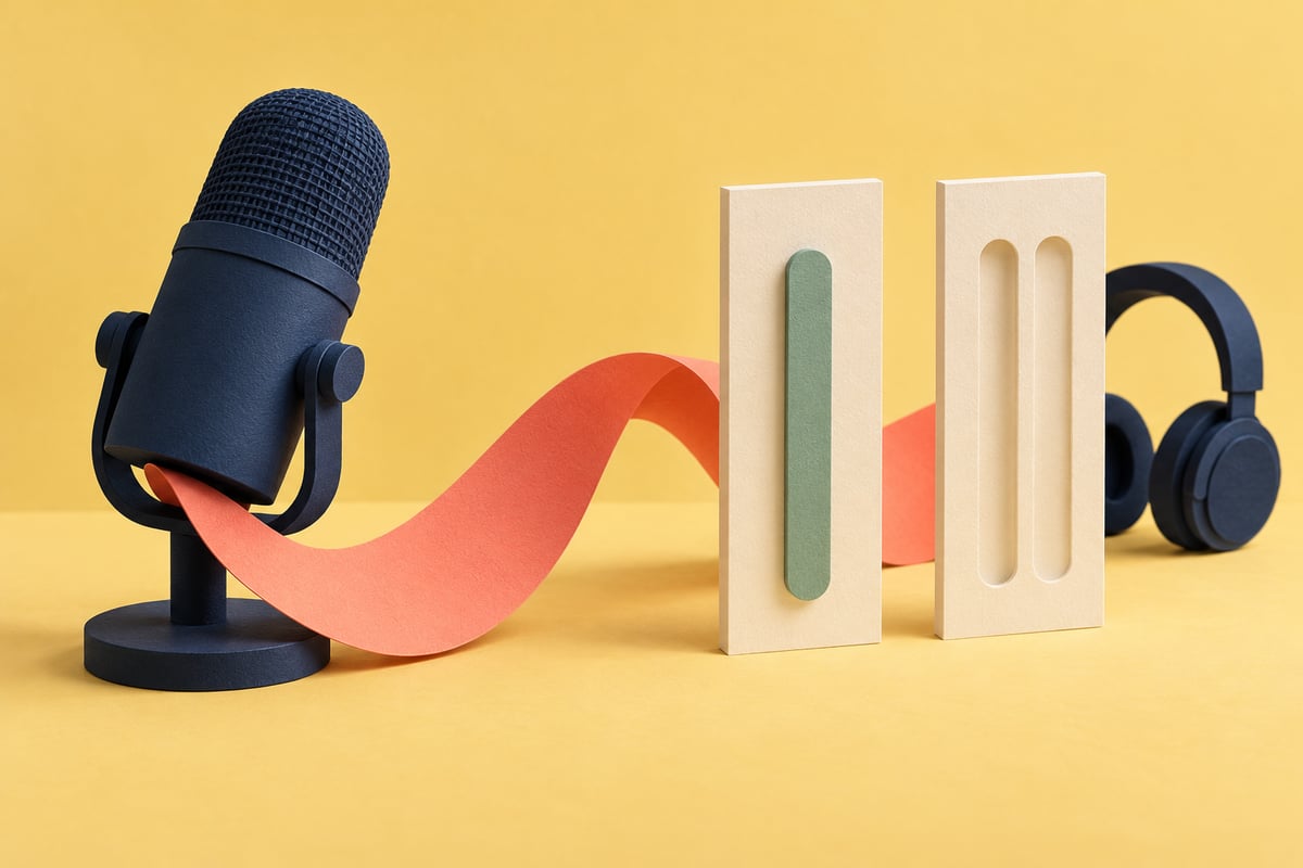 Conceptual navy microphone and coral paper ribbon beside one cream panel with a sage strip, another with two recessed grooves and navy headphones on yellow.