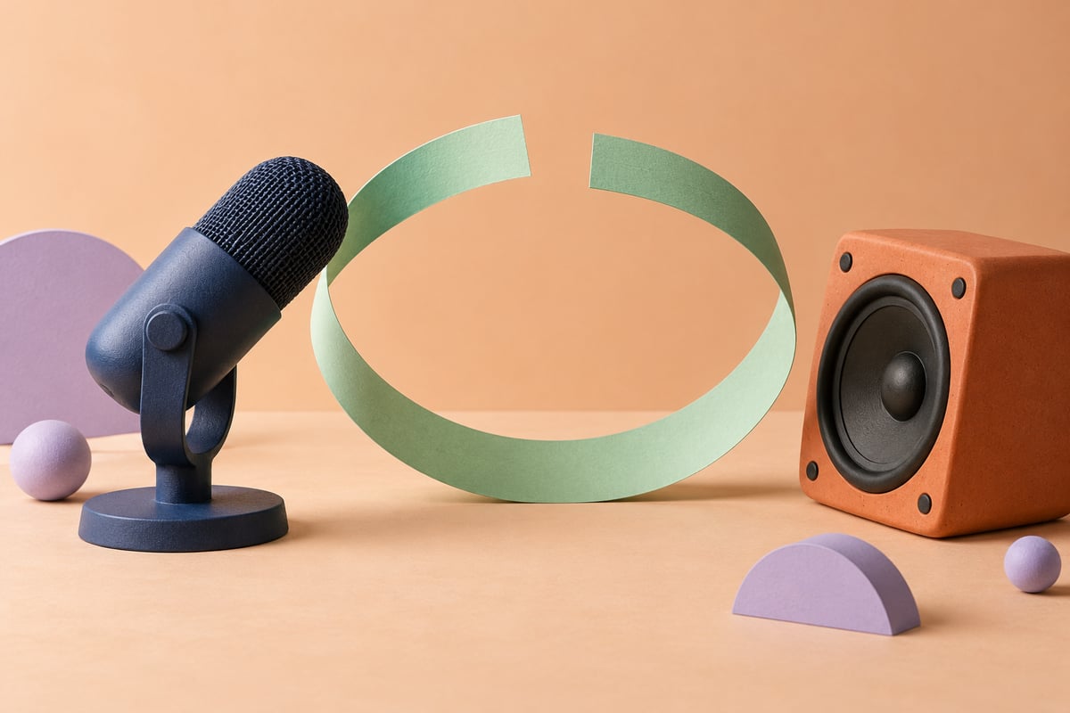 Conceptual indigo microphone and terracotta speaker beside an open mint paper loop and lavender shapes on an apricot tabletop.