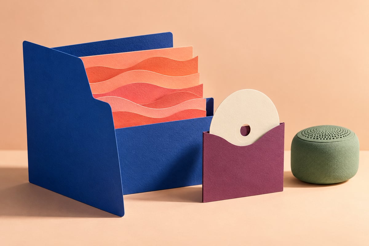 Conceptual cobalt folder with coral layers beside an ivory disc in a plum sleeve and a sage speaker.
