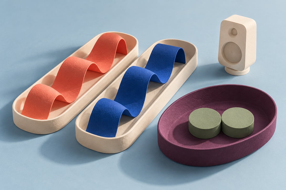 Conceptual coral and cobalt ribbons in separate ivory trays beside two sage discs in a plum dish and ivory speaker.