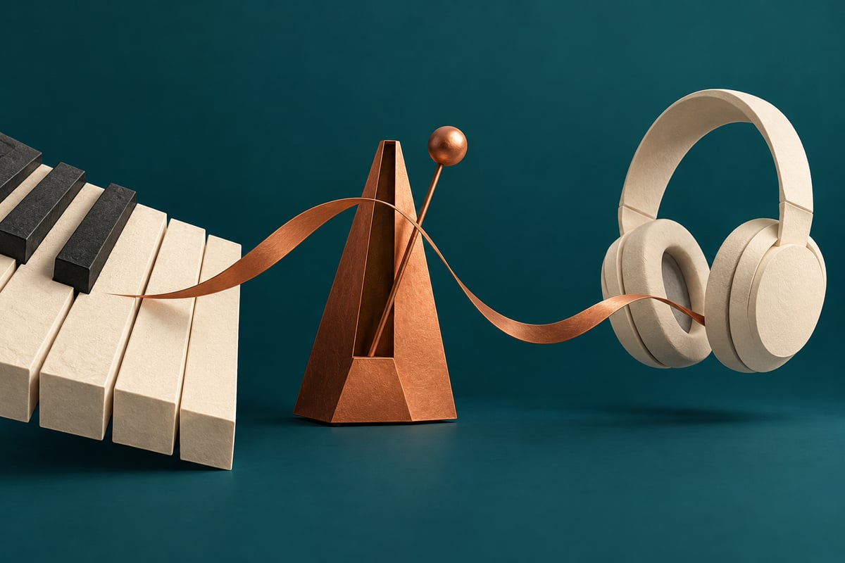 Conceptual cream piano keys, copper pendulum and headphones with an abstract flowing ribbon on deep teal.