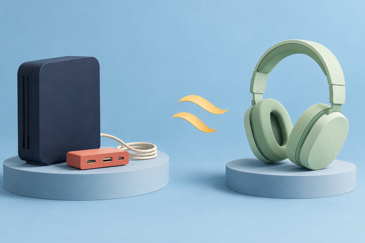 Conceptual navy computer block and coral hub beside a coiled cream cable, separated from mint headphones by two gold paper ribbons on pale blue.