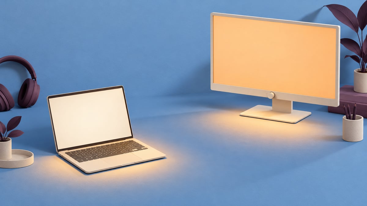 Conceptual cream laptop and separate external monitor with independent warm light pools on a blue workspace.