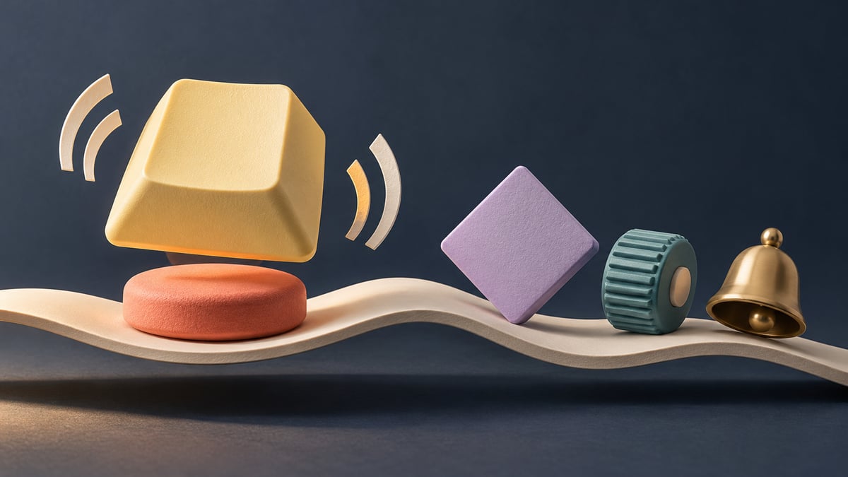 Concept sculpture of a floating yellow keycap with separate ripples, a lavender tile, teal roller and small brass bell.