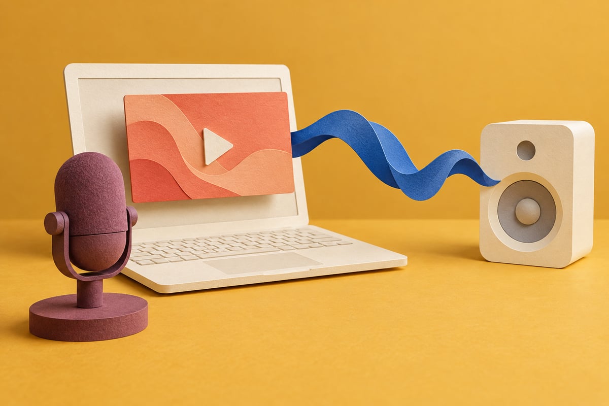 Conceptual cream laptop with coral video card and blue paper ribbon beside a speaker, with a separate plum microphone on ochre.