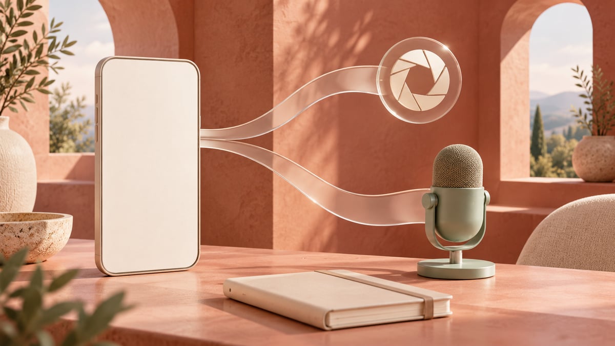 Conceptual ivory phone beside separate glass paths toward a camera symbol and sage-green microphone in a terracotta scene.