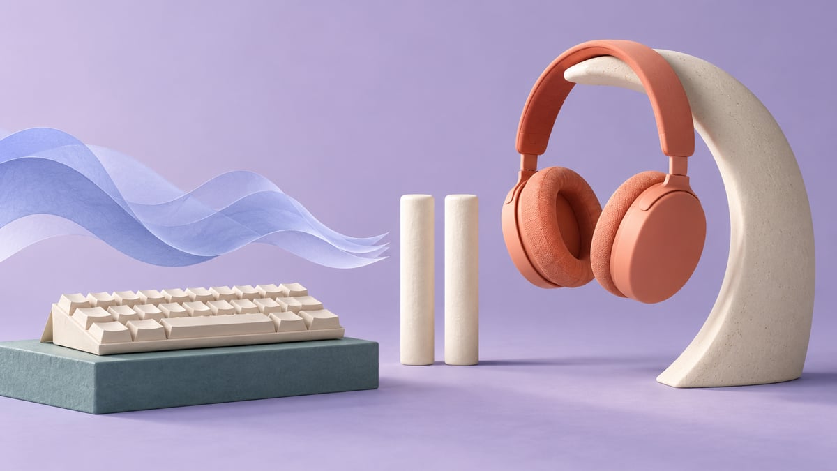Conceptual paper keyboard and coral headphones separated by two cream pause columns on a lilac background.