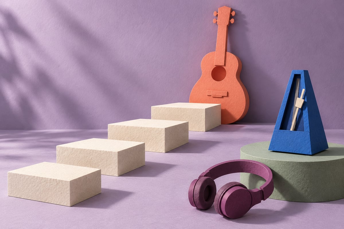 Conceptual ivory stepping blocks leading toward a coral guitar, cobalt metronome on sage and separate plum headphones.