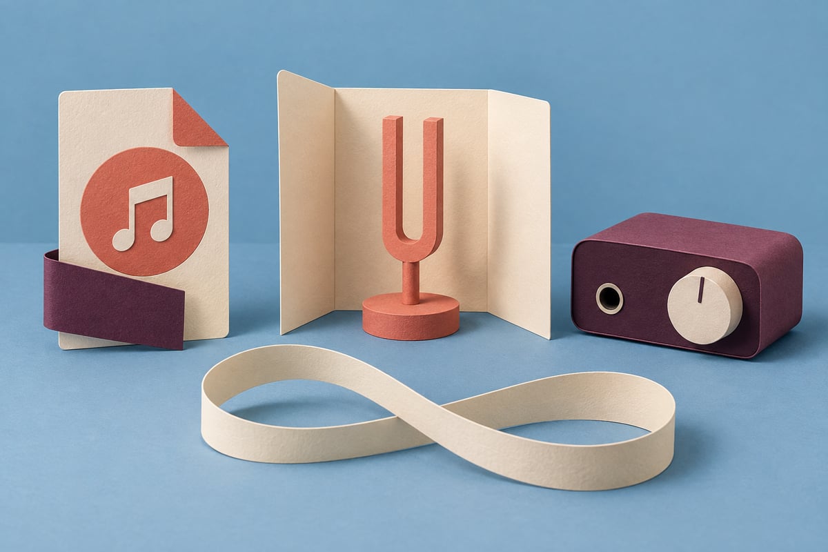 Conceptual cream audio-file card, open project folio with coral tuning fork and plum interface-shaped block on dusty sky blue.