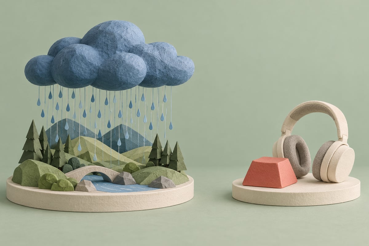 Conceptual blue cloud and paper rain landscape separate from a coral key and cream headphones on sage green.