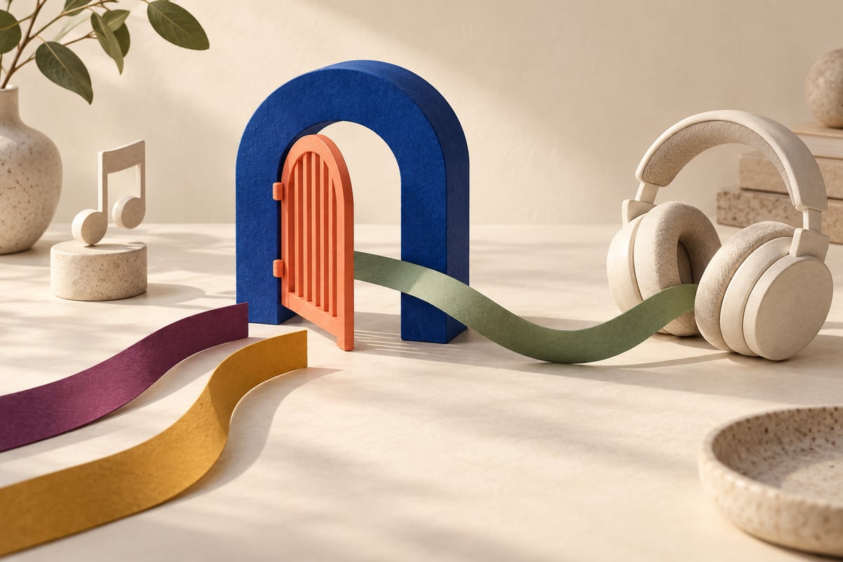 Conceptual cobalt doorway with coral gate, sage ribbon leading to ivory headphones and separate plum and ochre ribbons on a cream desk.