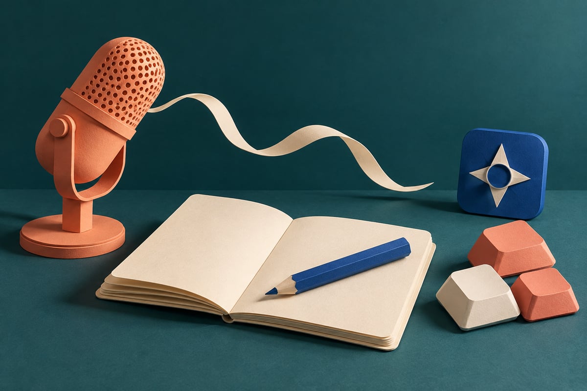 Conceptual apricot microphone, cream notebook, blue pencil and coral and ivory keycaps on deep teal, with a separate blue navigation tile.