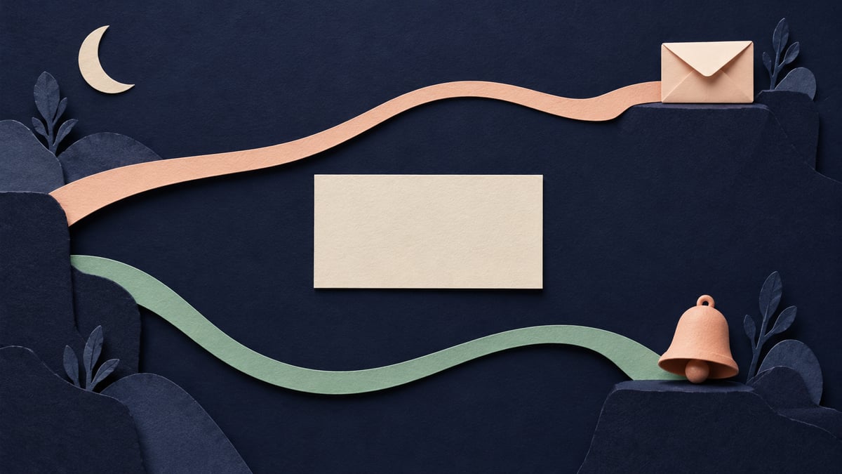 Conceptual peach envelope and bell on separate paper paths beside a blank reading card and cream crescent on indigo.