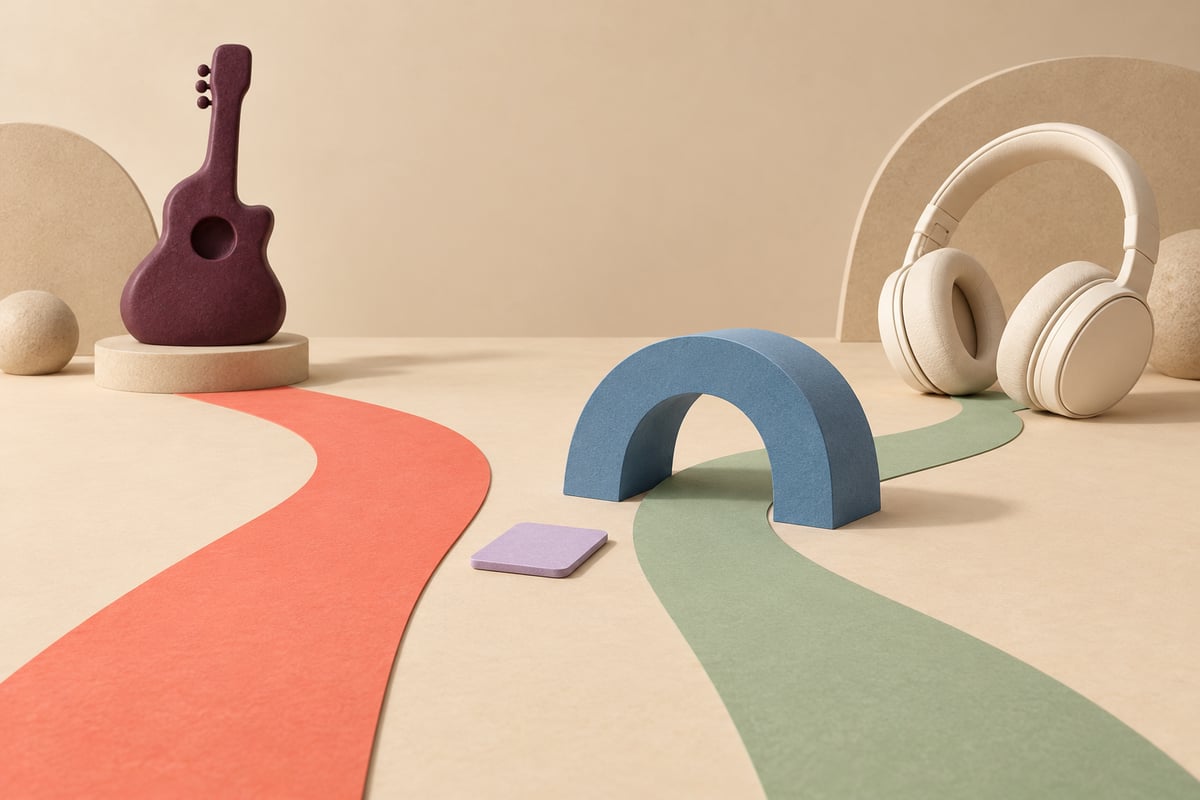 Conceptual plum guitar sculpture and ivory headphones beside coral and sage paper lanes, a blue arch and a lavender tile on sand.