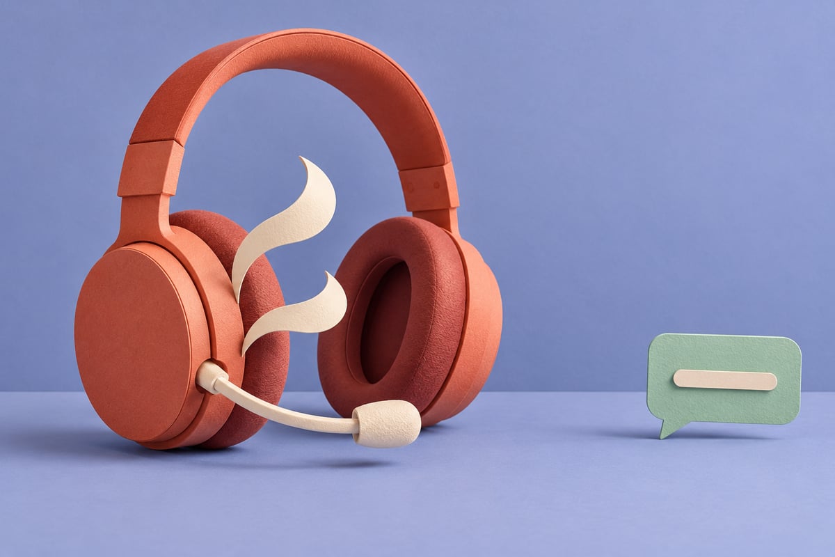 Conceptual coral boom-microphone headset with nearby cream paper ribbons and a separate mint speech card on periwinkle.