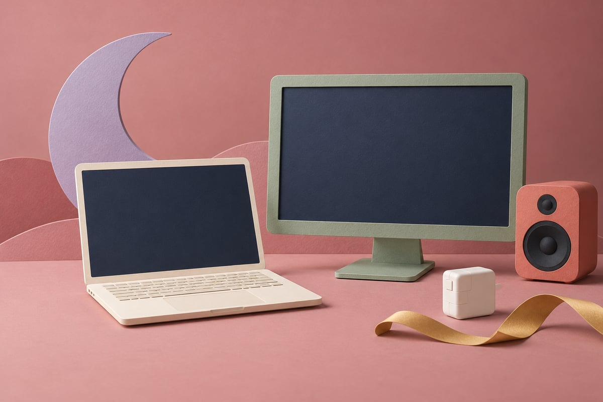 Conceptual cream laptop with a dark display beside a separate sage monitor, coral speaker, ivory adapter and lilac crescent moon on dusty rose.
