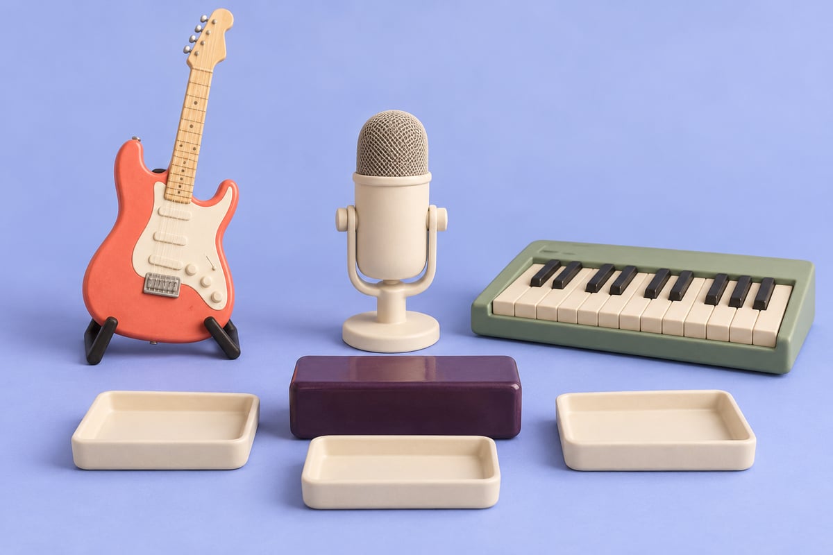 Conceptual coral guitar, ivory microphone and sage keyboard behind a plum box and three cream trays on periwinkle.