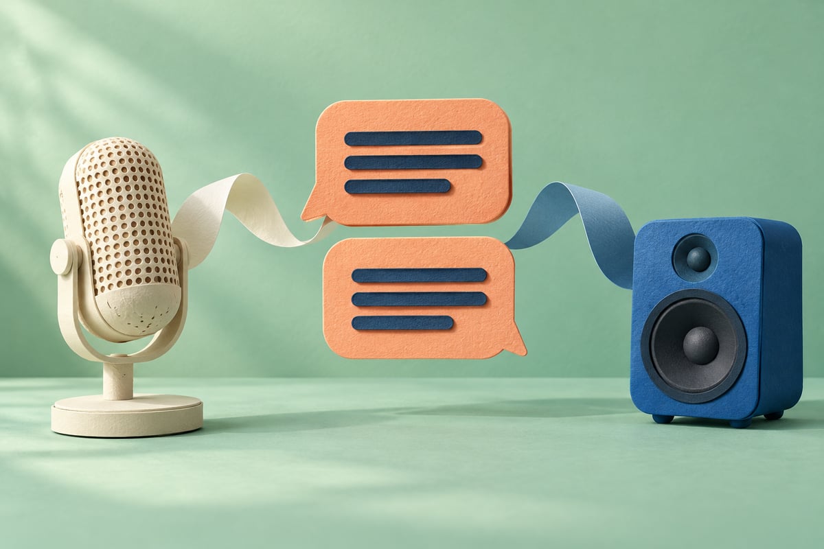 Conceptual cream microphone and blue speaker beside two apricot speech cards and separate paper ribbons on mint green.