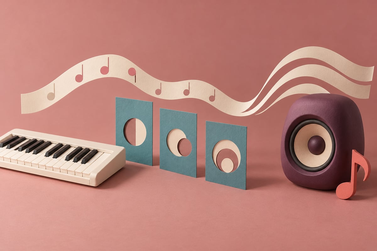 Conceptual ivory musical keyboard, three teal cutout cards, plum speaker and coral note beneath cream paper ribbons on dusty rose.