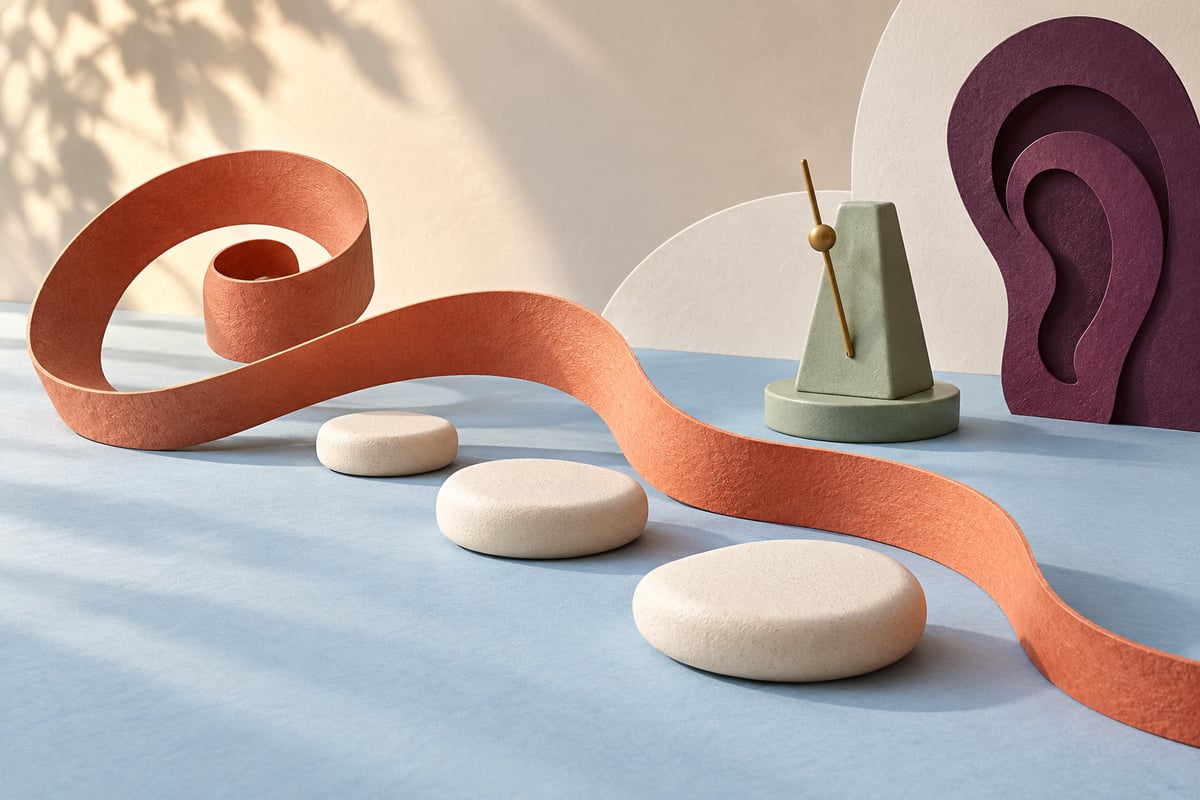 Conceptual terracotta ribbon winding beside ivory stones, a sage metronome-like sculpture and a plum ear shape on pale blue.