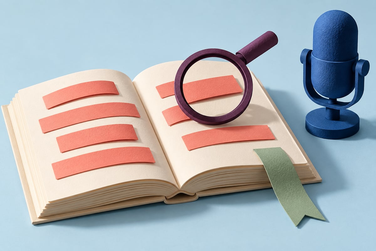 Conceptual ivory open book with coral paper strips under a plum magnifier beside a cobalt microphone and sage bookmark.