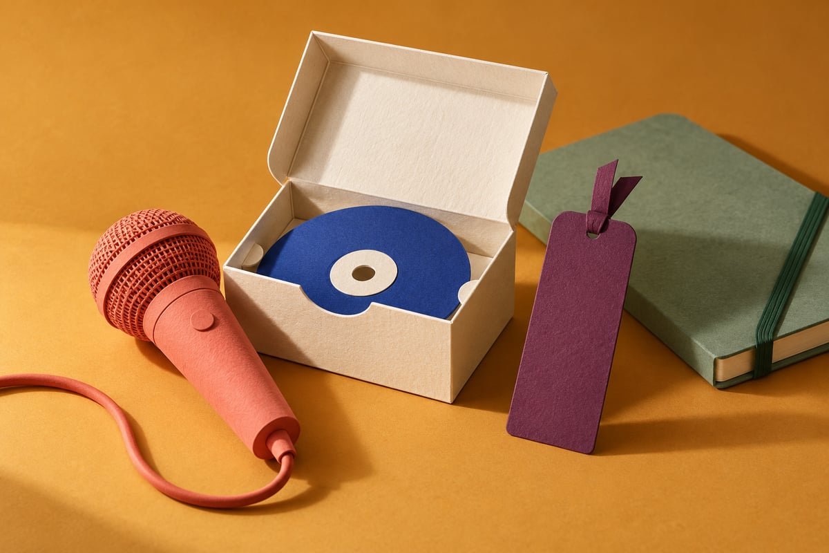 Conceptual coral microphone beside an ivory archive box with cobalt disc, separate plum bookmark and sage notebook on ochre.