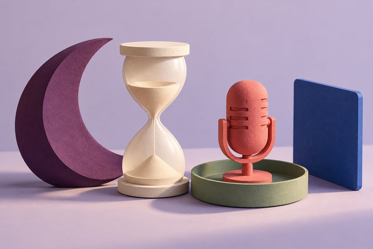 Conceptual plum crescent, ivory hourglass and coral microphone in a sage dish beside a cobalt slab on lavender.