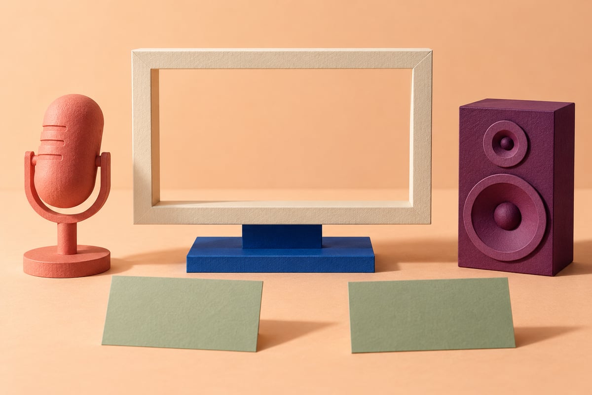 Conceptual ivory open screen frame on cobalt stand between coral microphone and plum speaker, with separate sage cards.