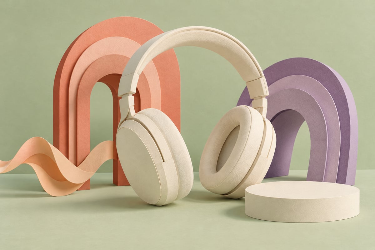 Conceptual cream headphones framed by separate coral and violet arches at different angles on pale sage green.