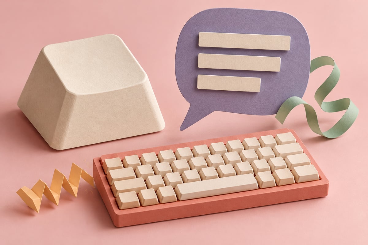 Conceptual blank cream keycap and coral keyboard beside a violet speech card with cream bars and a separate sage ribbon on blush pink.