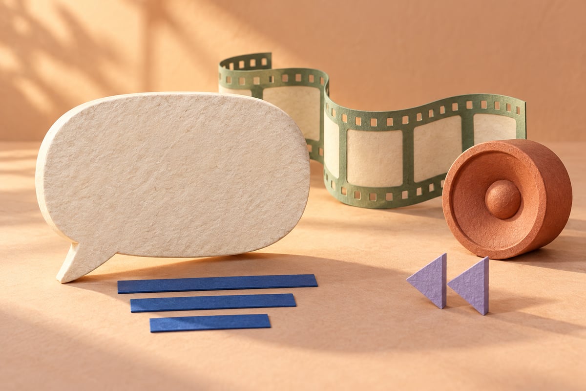 Conceptual ivory speech bubble, cobalt caption-like strips, sage film sculpture, terracotta speaker and lavender triangles on apricot.
