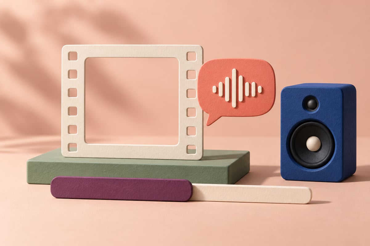Conceptual ivory film frame, coral speech bubble with raised decorative bars, cobalt speaker and offset plum and cream strips on sage and peach.