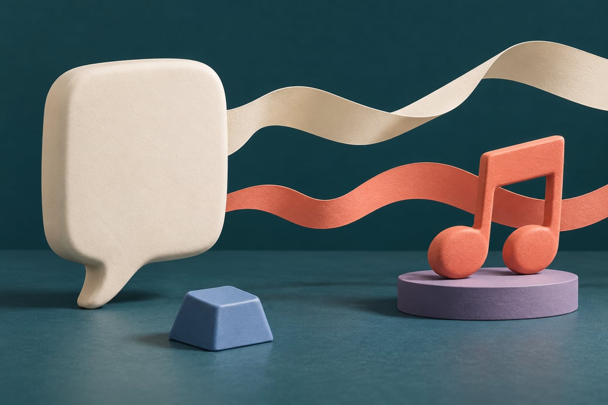 Conceptual ivory speech bubble, coral paired musical notes on a lavender platform and separate blue keycap, with cream and coral ribbons against deep teal.