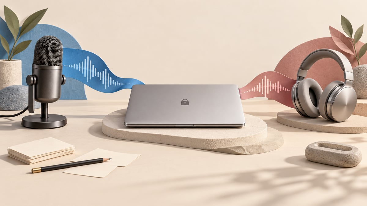 Editorial illustration of a closed laptop with a separate desk microphone, headphones and distinct voice and listening paths.