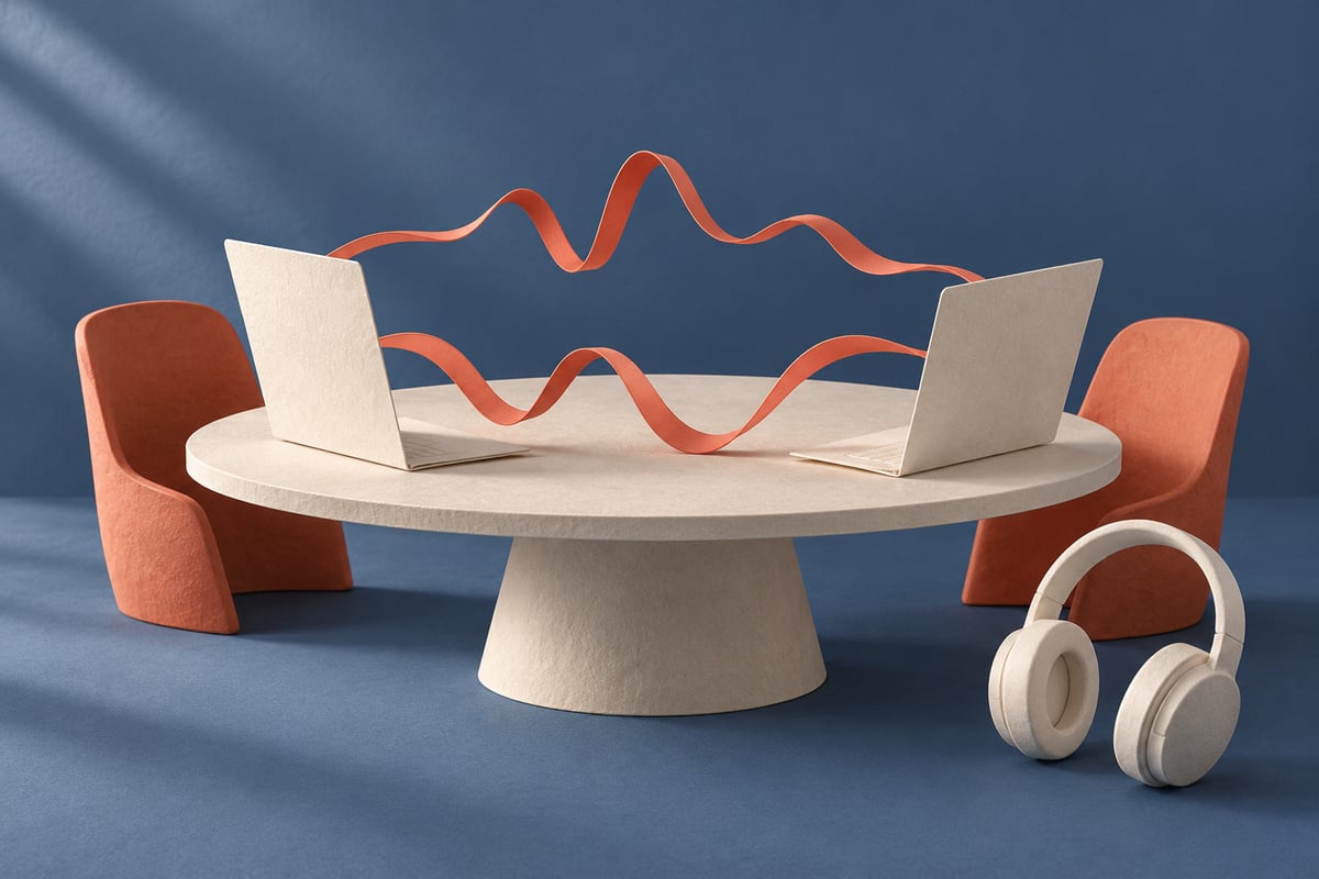 Conceptual ivory laptop shapes with a coral sound ribbon looping between them and separate headphones on slate blue.