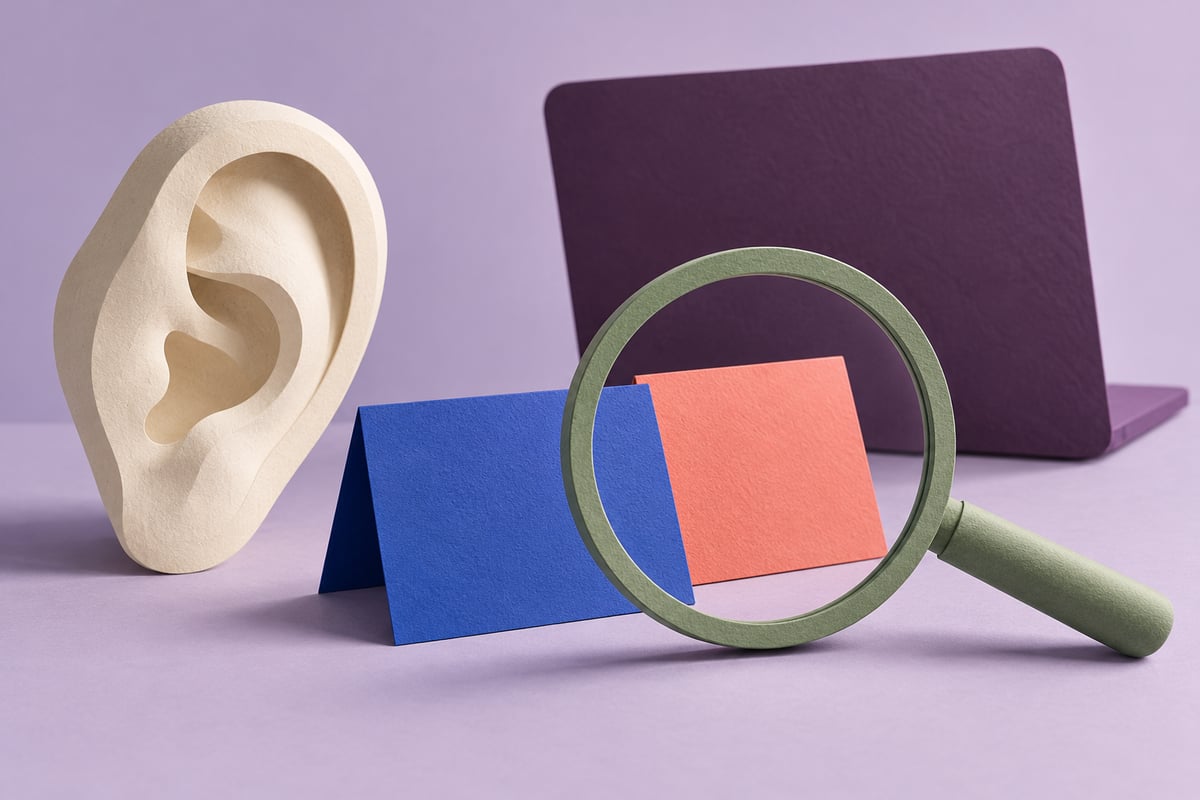Conceptual ivory ear beside cobalt and coral blank cards under a sage magnifier with a plum computer slab on lavender.
