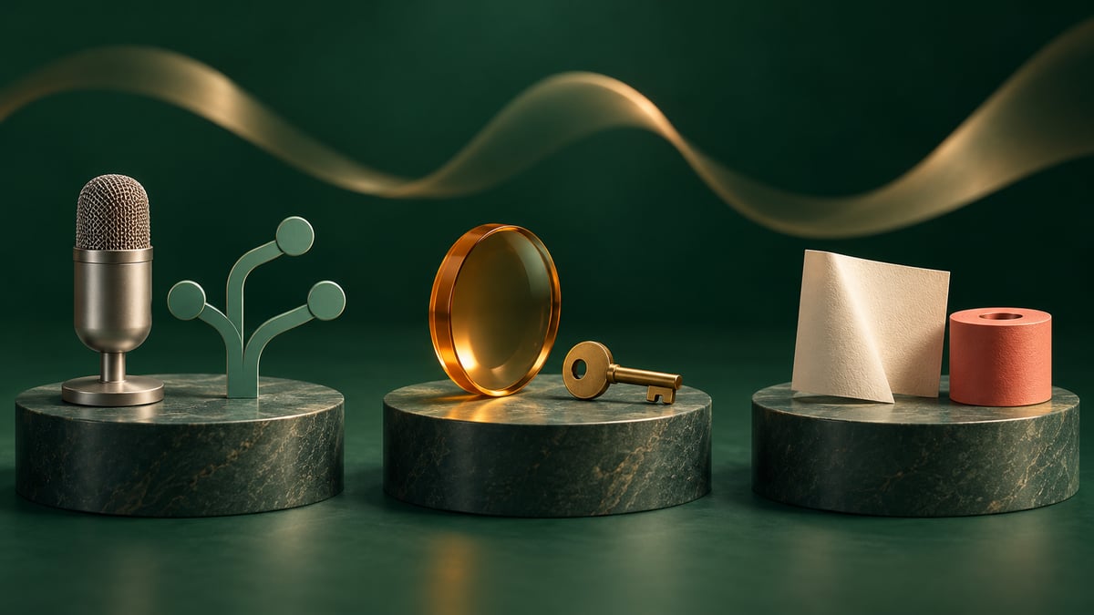 Conceptual sculpture with a microphone and branching track, an amber lens and key, and folded paper on three separate green plinths.