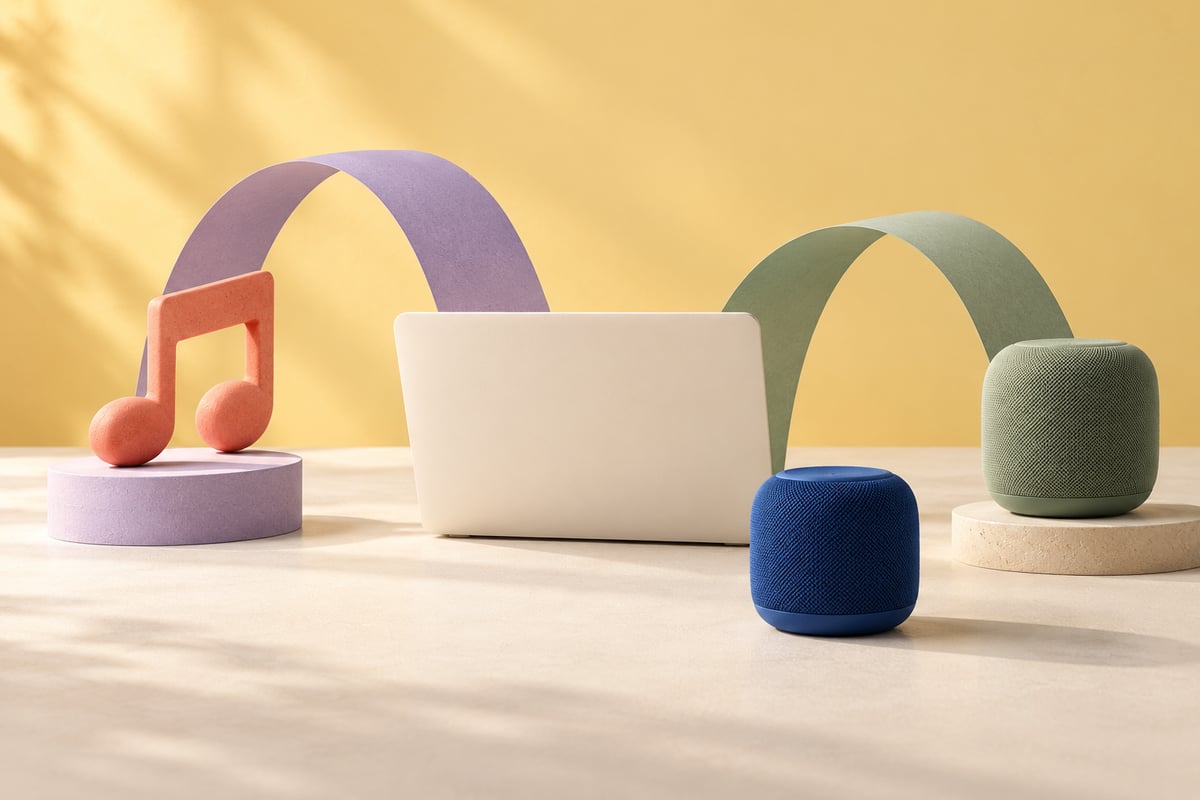 Conceptual coral musical note and ivory computer slab beside sage and cobalt speakers joined by separate arches.