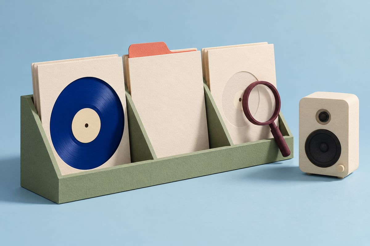 Conceptual ivory record sleeves in sage rack with cobalt disc, coral tab and plum magnifier beside separate cream speaker.