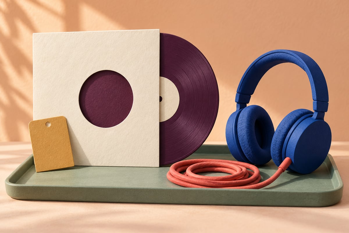 Conceptual cream record sleeve and plum disc beside cobalt headphones, a coral cable and an ochre blank tag on sage.