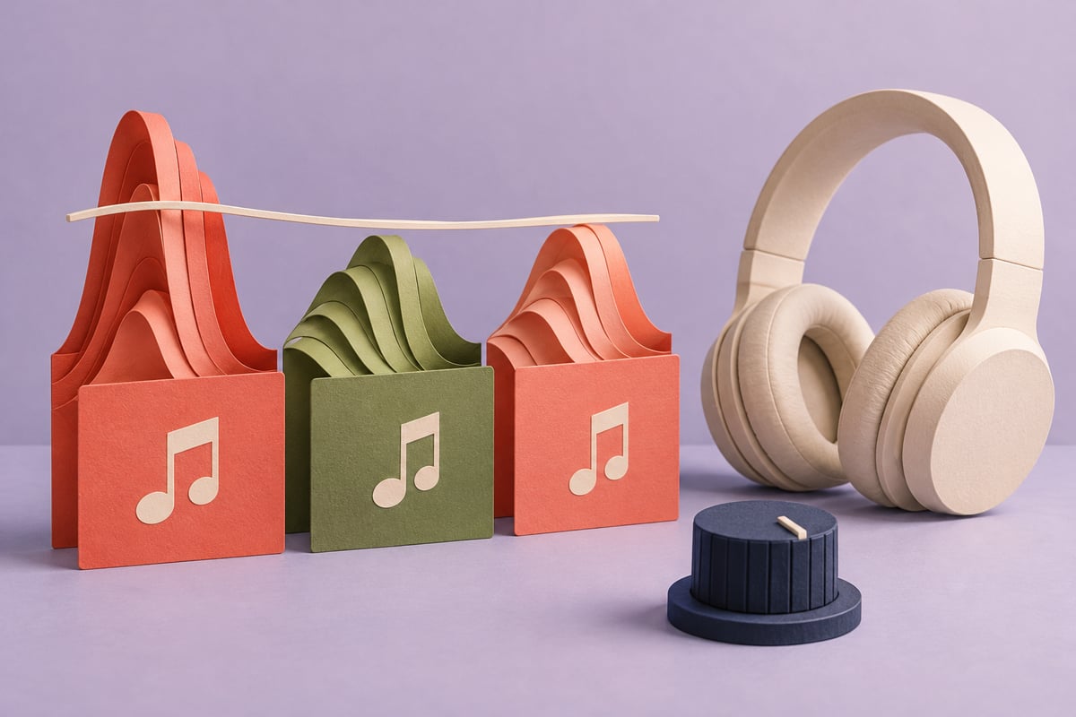 Conceptual coral and green music cards with folded paper ribbons beside ivory headphones and a separate navy knob on lilac.