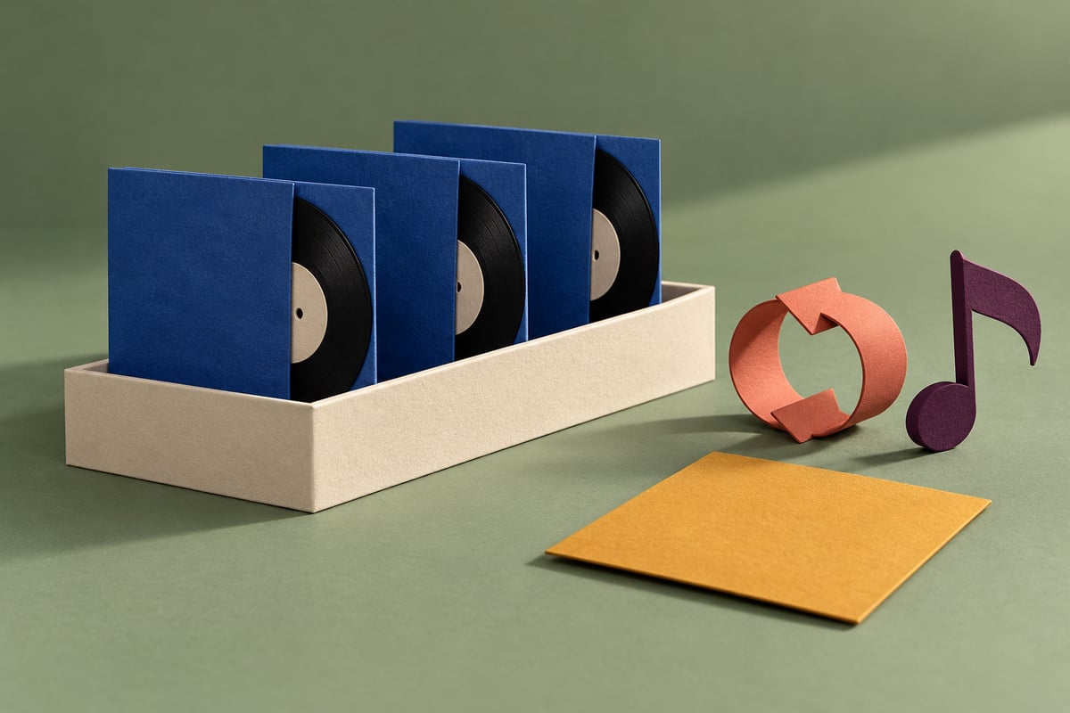 Conceptual cobalt record sleeves in a cream tray beside a coral paper loop, plum musical note and ochre blank card.