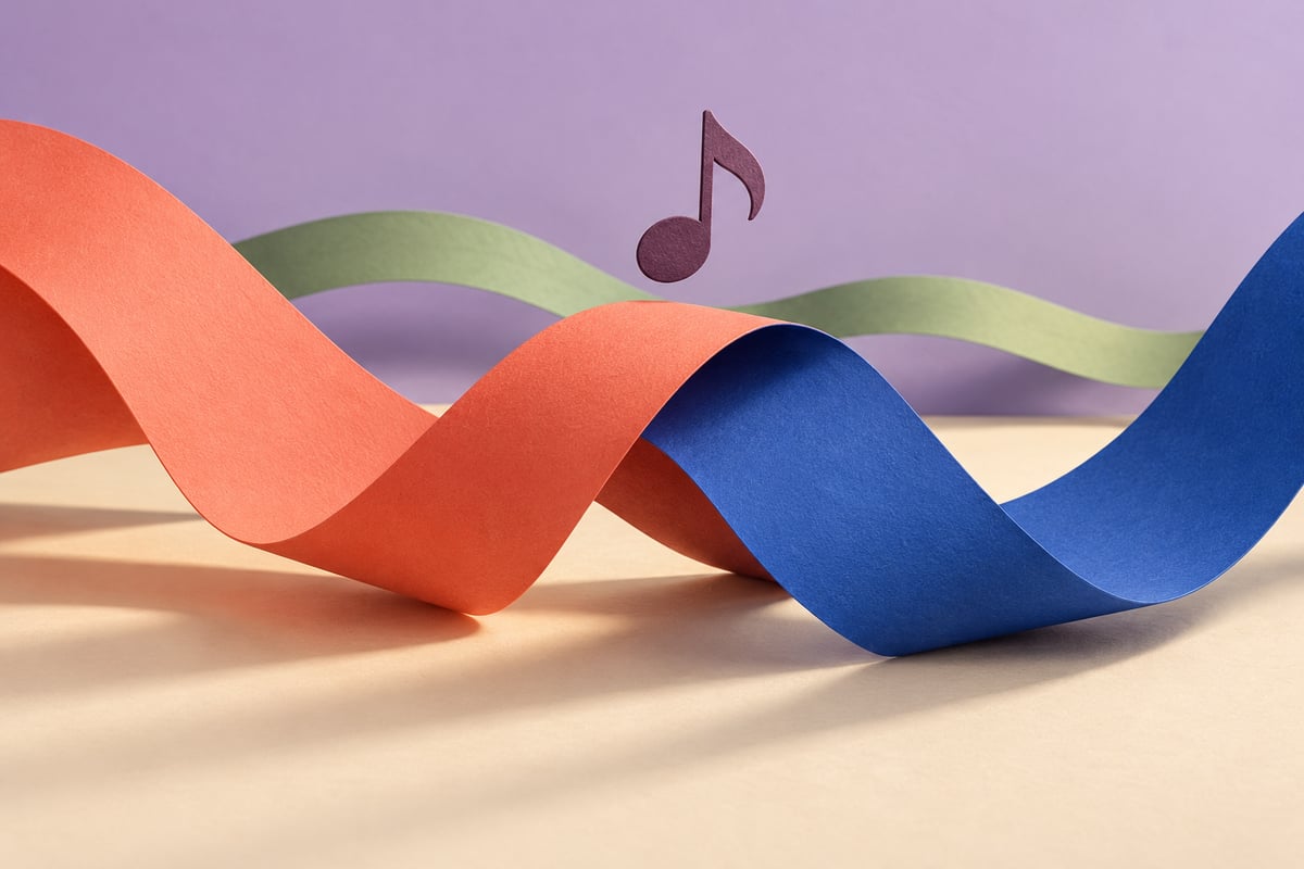 Conceptual coral and cobalt folded ribbons overlapping above cream, with a plum note and sage ribbon against lilac.