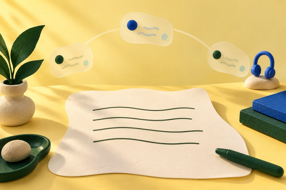 Conceptual cream workspace with three floating cards and a blue headphone motif on pale yellow.
